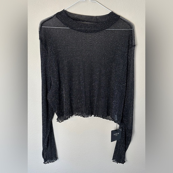 NWT Shein Black Sheer with sparkles long sleeve Women's Top one size fits all - Picture 1 of 4